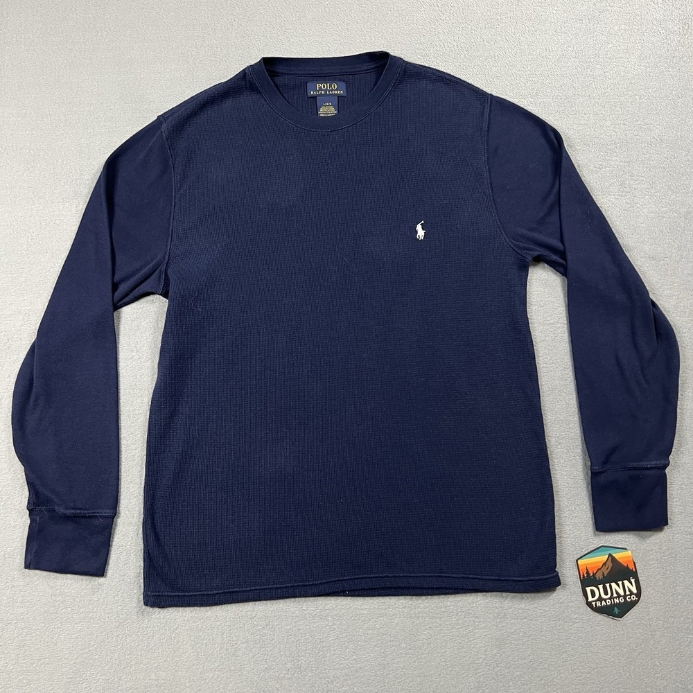 Polo Ralph Lauren Shirt Mens L Blue Waffle Knit Thermal Preppy Long Sleeve